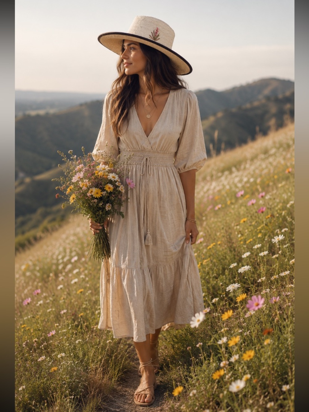 Straw Women’s Hat Embroidered Flower Bouquet  Brown Trim Feminine Romantic Boho